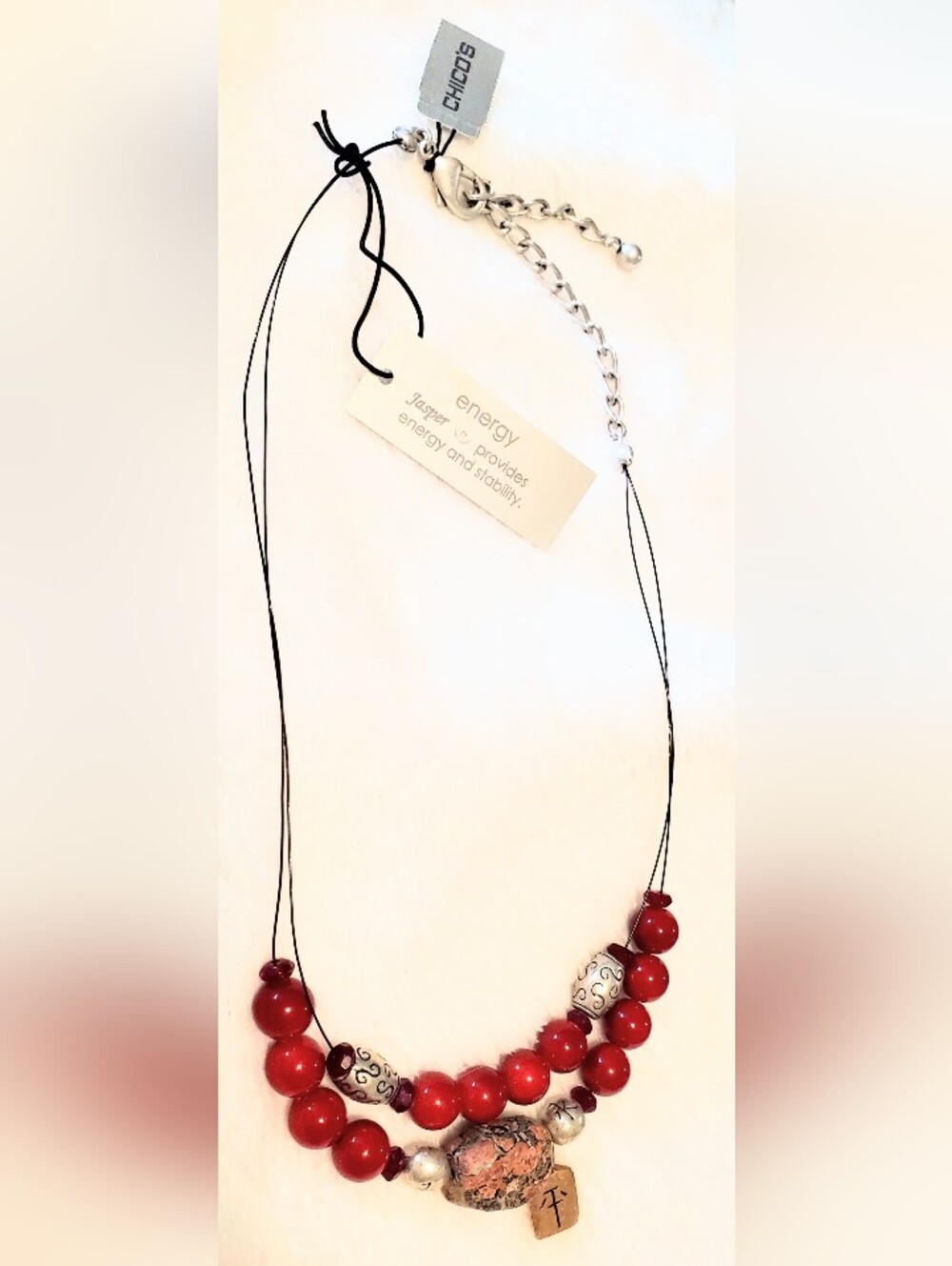 Chico's Zenergy Jasper And Red Beaded Layered Necklace with Silver Accents